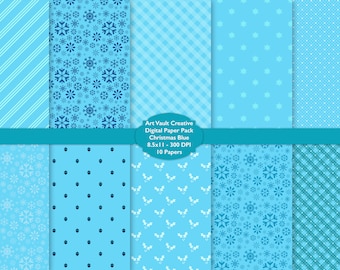 Christmas Digital Paper Pack, Blue Printable Merry Xmas Paper Patterns, Holiday Scrapbook Paper, Snowflake Holly Pattern Digital Download