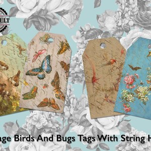 Shabby Chic Botanical Scrapbook Junk Journal Labels, Vintage Printable Bird And Insect Labels Digital Download, Supplies For Junk Journaling