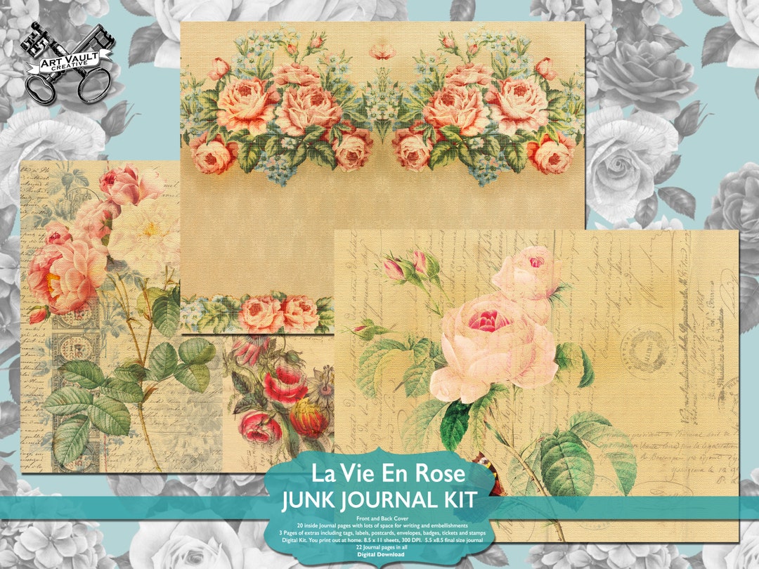 Printable Junk Journal Kit Vintage Shabby Chic Roses, Scrapbook ...