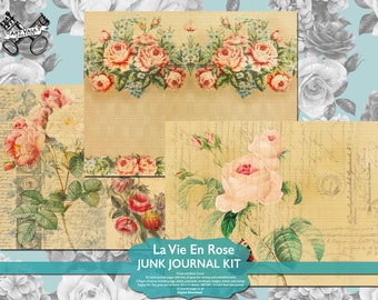 Printable Junk Journal Kit Vintage Shabby Chic Roses, Scrapbook Supplies Digital Download, Floral Embellishment Pages, Ephemera Collage Kit