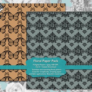 Scrapbooking Digital Paper Pack Floral, Flower Butterfly Stationary Digital Download, Seamless Patten, Printable Junk Journal Paper image 4