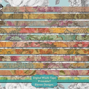 Printable Washi Tape Digital Download, Digital Vintage Floral Shabby Chic Washi Tape, Vintage Flower Pattern Digital Washi Tape