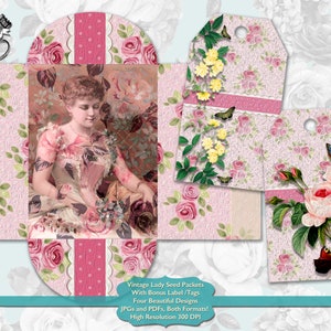 Pacote de sementes vintage senhora imprimível para diários de lixo, etiqueta de envelope de diário de lixo, suprimentos de scrapbook digital, enfeites de diário