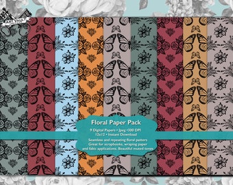 Scrapbooking Digital Paper Pack Floral, Flower Butterfly Stationary Digital Download, Seamless Patten, Printable Junk Journal Paper