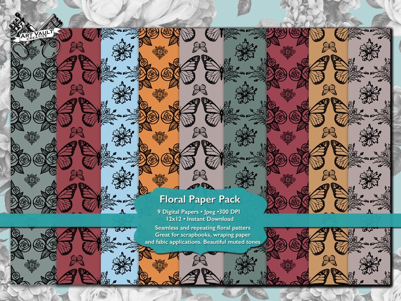 Scrapbooking Digital Paper Pack Floral, Flower Butterfly Stationary Digital Download, Seamless Patten, Printable Junk Journal Paper image 1