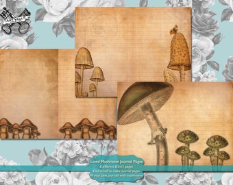Mushroom Junk Journal Lined Pages Digital Download, Printable Toadstool Journal Pages, Scrapbook Supplies Blank Digital Scrapbook Paper