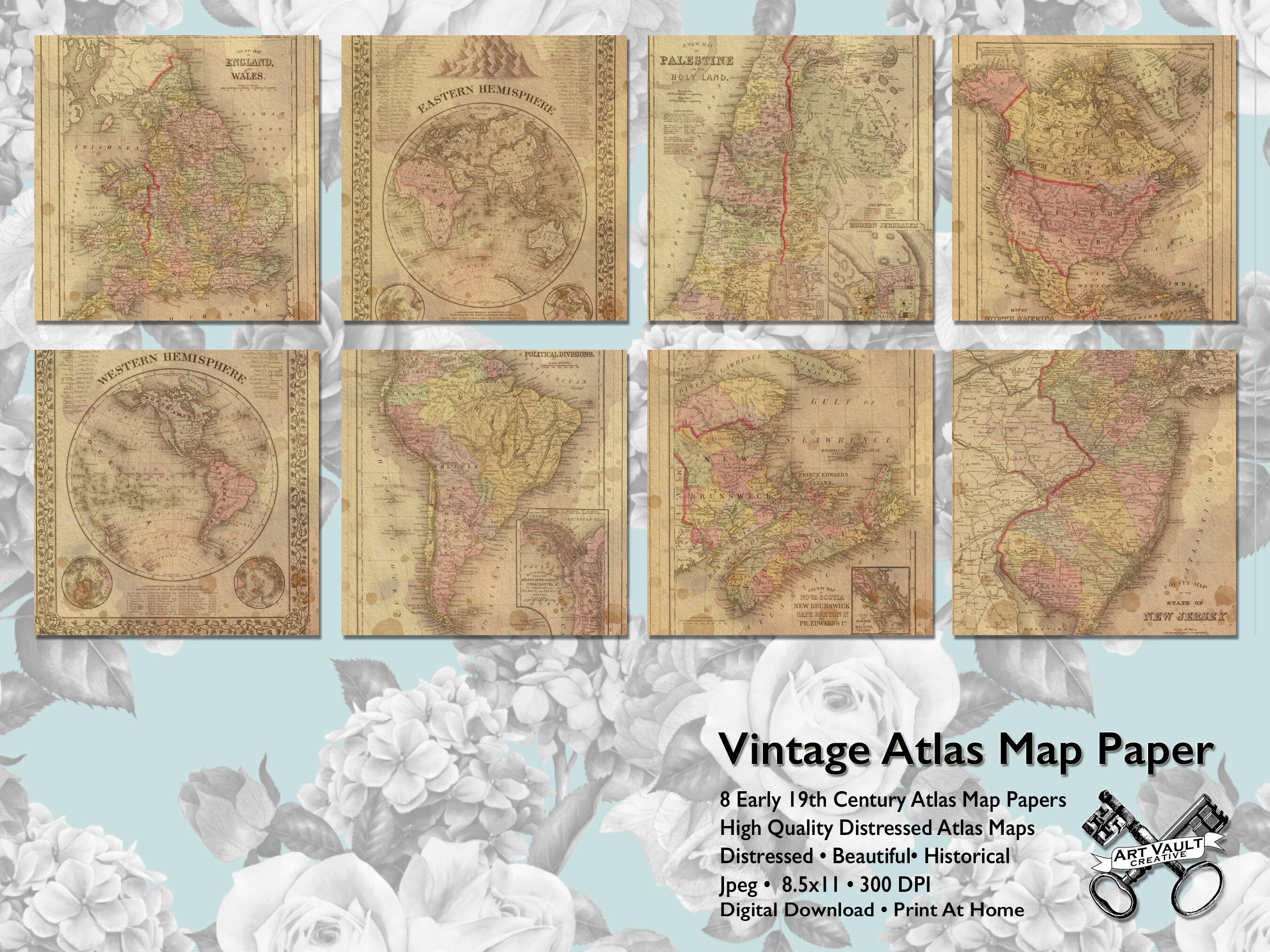 Vintage Map Scrapbook Paper Digital Download, Atlas Scrapbook Supplies ...
