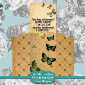 Junk Journal Enveloppes Carte coulissante vintage Papillon Imprimable, Scrapbook Supplies Enveloppe Pull Out Card, Téléchargement numérique Journal Folio