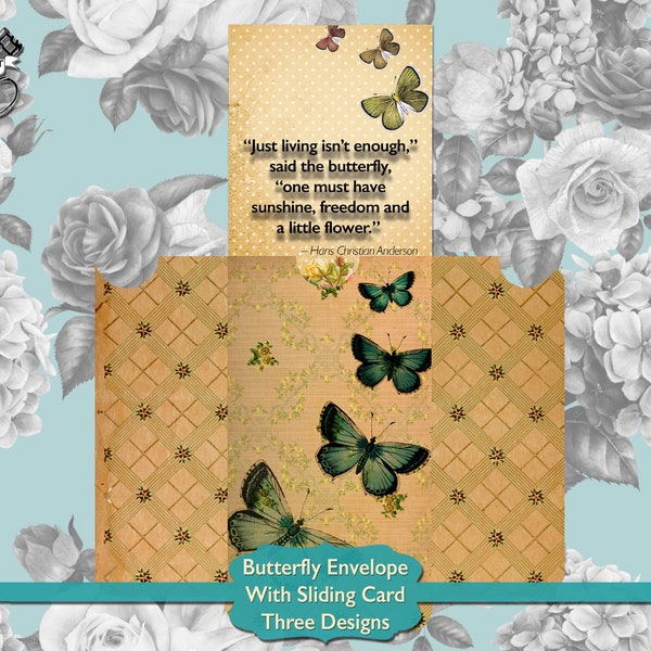 Junk Journal Envelopes Sliding Card Vintage Butterfly Printable, Scrapbook Supplies Envelope Pull Out Card, Digital Download Journal Folio