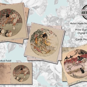 Artistic Japanese Note Card Helen Hyde, Antique Woodblock Engraved Thank You Cards, Illistrations By Artist Helen Hyde, Digital Download