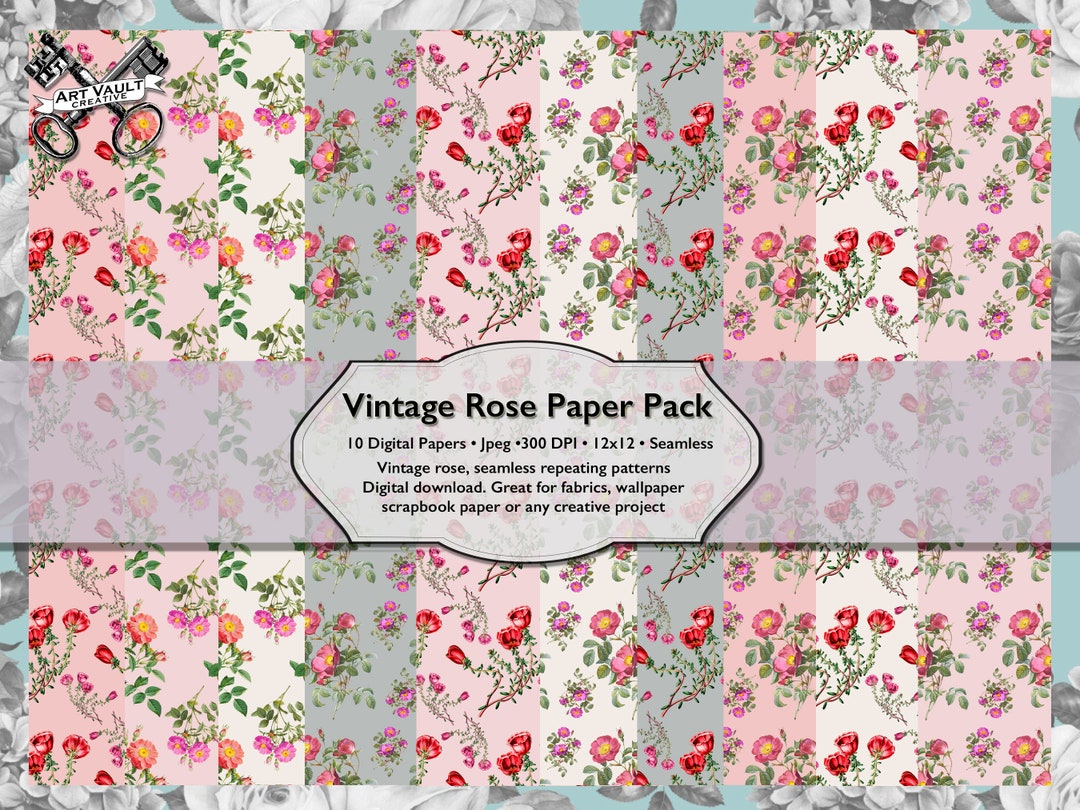 Vintage Rose Digital Paper Pack, Pink Floral Seamless Patterns, Vintage