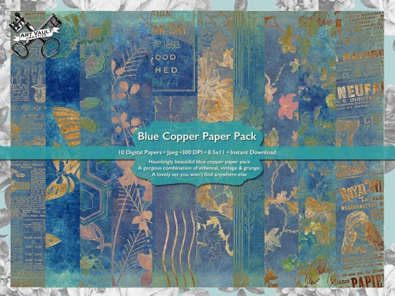 Vintage Grunge Paper Digital Download, Printable Cyanotype Paper Patterns, Scrapbook Paper Digital Download, Ethereal Digital Texture Pack