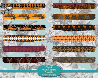 Halloween Printable Digital Stickers Washi Tape, Halloween Digital Washi Tape Set, Halloween Clipart PNG, Digital Washi Tape Stickers PNG