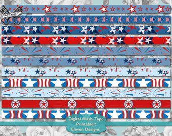 Printable Washi Tape Digital Download, Digital USA Fourth Of July Washi Tape, All American Red White And Blue Digital Washi Tape