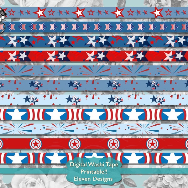 Printable Washi Tape Digital Download, Digital USA Fourth Of July Washi Tape, All American Red White And Blue Digital Washi Tape