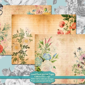 Gefütterte Florale Junk Journal Seiten Digitaler Download, druckbare Florale Seiten für Journal Kits, Scrapbook Zubehör Blanko Gefüttert Digitales Papier