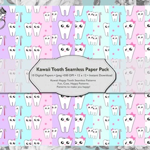Kawaii Seamless Pattern Descarga digital, Suministros de álbum de recortes de dientes para niños, Lindo Kawaii Printable Tooth Background Gift Wrap Pattern