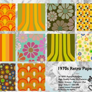 Puede incluir: Un paquete de papel digital con 20 patrones retro de los a&ntilde;os 70. Los patrones presentan una variedad de colores y dise&ntilde;os, incluyendo rayas, flores y formas geom&eacute;tricas. El paquete est&aacute; disponible para descarga instant&aacute;nea y se puede imprimir en casa.