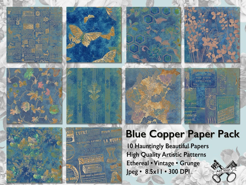 May include: A digital paper pack featuring 10 blue and copper coloured patterns. The patterns include butterflies, flowers, geometric shapes, and vintage text. The text on the image reads "Blue Copper Paper Pack", "10 Hauntingly Beautiful Papers", "High Quality Artistic Patterns", "Ethereal. Vintage. Grunge", "Jpeg. 8.5x11. 300 DPI".