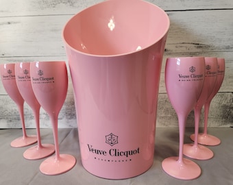 VC Pink Plastic Champagne Flutes and Ice Bucket set options | Customizable Mix & Match Color Combos