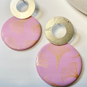 Pendientes de arcilla polimérica colgantes de color rosa y dorado, colgantes circulares de poste de perno, pendientes únicos