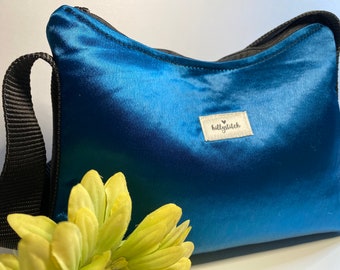 Dark turquoise /teal satin vintage small evening bag, fully lined, inside zipped pocket ladies handbag, unique hand crafted  handbag