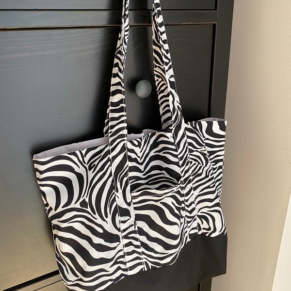 Zebra print tote bag, large zebra print tote bag, fully lined tote, pockets front and back, college tote