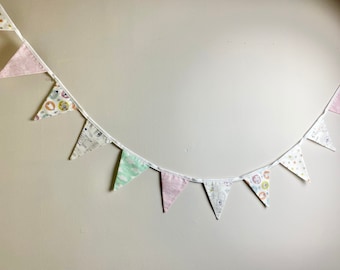 Boho nursery decor, baby girl cotton bunting, pastel pinks greens and yellows, safari sunrise cotton print. Cotton wall decor,