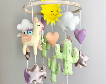 llama mobile, boho llama mobile for nursery, llamas, cactus, hearts and stars. Unique Baby Shower/ New Mom gift.