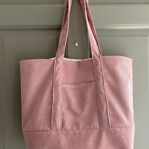 Pale Pink Corduroy Tote Bag With Pockets Front and Back Lined 