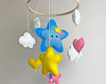 Felt mobile, Hearts and stars baby mobile, handmade felt star nursery decor, gender neutral kids room decor