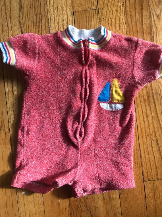 Vintage 70s Red Terry Cloth Romper Boat Applique … - image 1