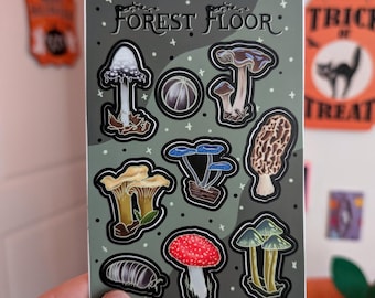 Forest Floor Mushroom Sticker Sheet | Black Trim Vinyl Stickers