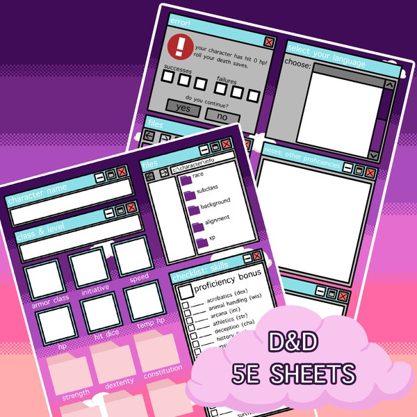 D&D 5E Character Sheet: Pixel Purple Sky Digital Edition, 5e Character Sheet, 5e Sheet, DnD, Character Sheet, Printable Sheet, Digital Sheet