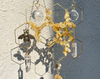 crystal suncatcher/ crystal decor/ suncatcher/ rainbow maker/ crystal gift/ crystal wall hanging/ crystal wall art/ citrine/ honeycomb gift