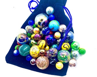 50 Vibrant Marbles in a Blue Velvet Bag - Including 1 Giant per Bag