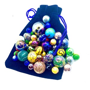 50 Vibrant Marbles in a Blue Velvet Bag - Including 1 Giant per Bag