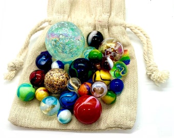 25 Vibrant Marbles in a Personalised Linen Bag - Including 1 Giant Marble per Bag