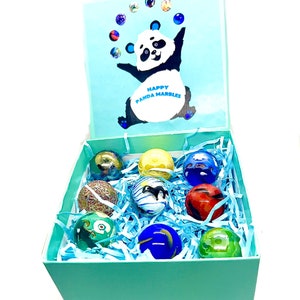 Boîte de 9 grosses billes d&#39;otarie, dont 3 faites main (22 mm) - Billes en verre Mignonnes vagues océaniques Jouet animal Ornement Cadeau Anniversaire Noël