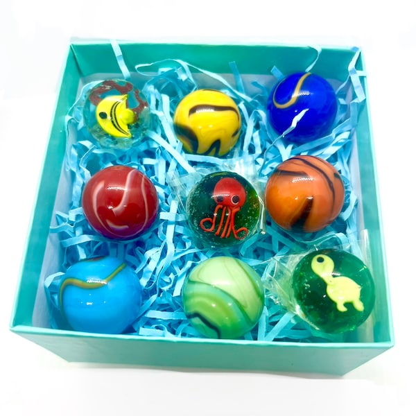 Box of 9 Large Marbles (22mm) - 3 Handmade Sea-Themed “Aquarius” Marbles