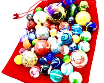 50 Vibrant Marbles in a Red Velvet Bag - Including 1 Giant Marble per Bag