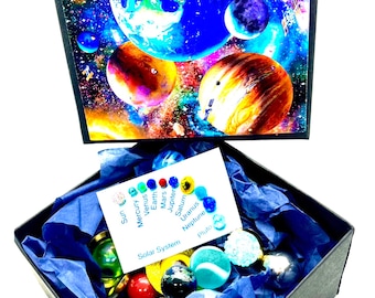 10 Solar System Marbles - 22mm Sun Orbited by 9 Vibrant Planets in a Solar System Box