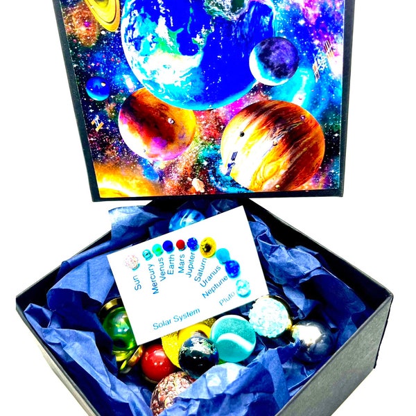 10 Solar System Marbles - 22mm Sun Orbited by 9 Vibrant Planets in a Solar System Box