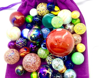 Bag of 50 Marbles in a Purple Velvet Bag - Including 1 Giant Marble per Bag