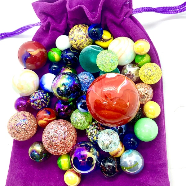 Bag of 50 Marbles in a Purple Velvet Bag - Including 1 Giant Marble per Bag