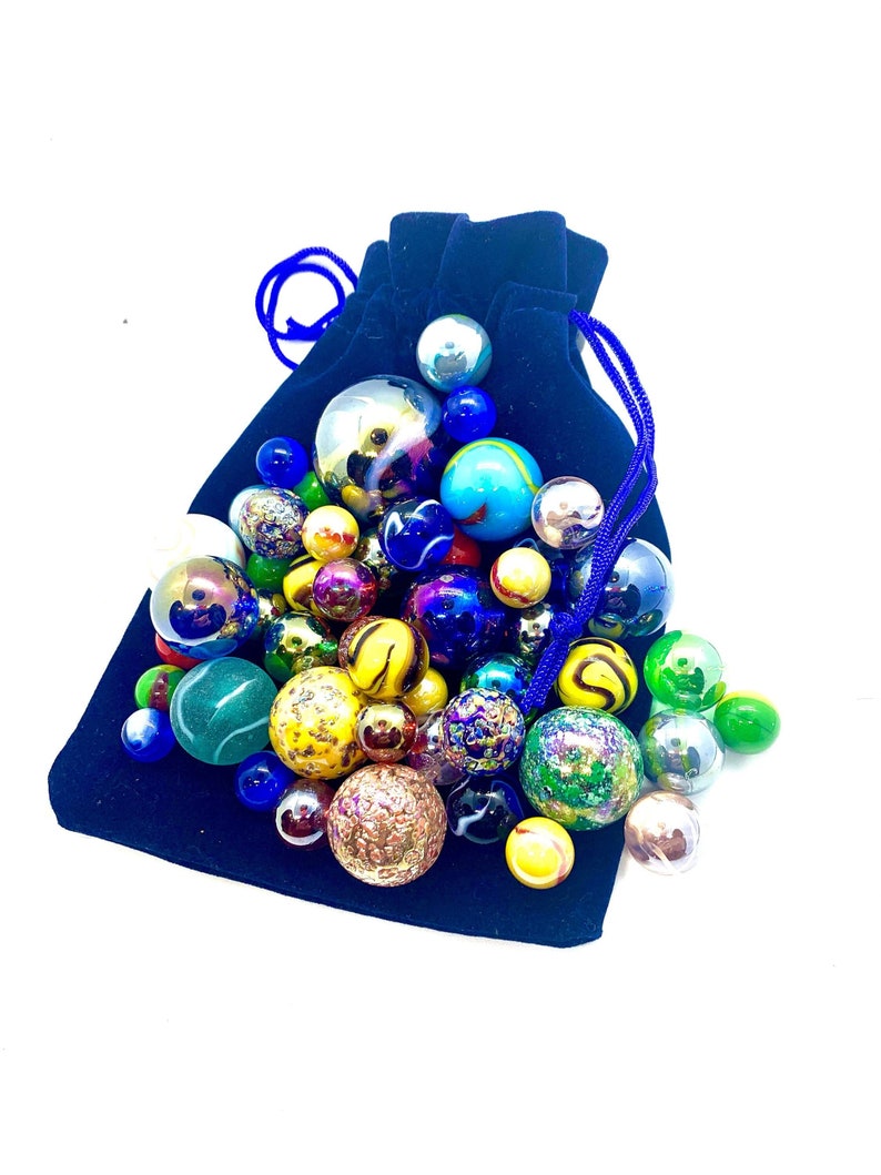 50 Vibrant Marbles in a Blue Velvet Bag Including 1 Giant per Bag image 1