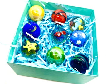 Box of 9 Large Marbles (22mm) - 3 Handmade Sea-Themed “Sea Lion” Marbles