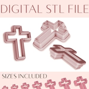 May include: Seven digital STL files for 3D printing of cross cookie cutters in various sizes, ranging from 0.5 inches to 2 inches in diameter. The cross cookie cutters are pink.