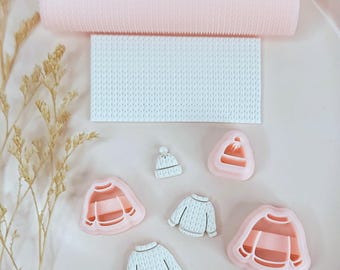 Juego de cortadores de arcilla para hacer gorros y suéteres de punto de invierno con rodillo de textura de micro punto / www.ClayBlossoms.art / C-68
