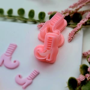 May include: Pink plastic cookie cutters shaped like high-heeled shoes. The cutters are designed to create detailed shoe shapes for decorating cakes and cookies.